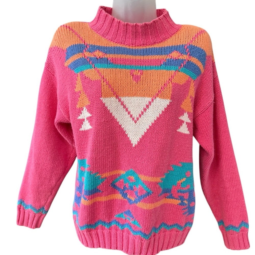 Vintage 80s Nuovo Southwestern Navajo-Inspired Tribal Knit Sweater Pink Small ✅